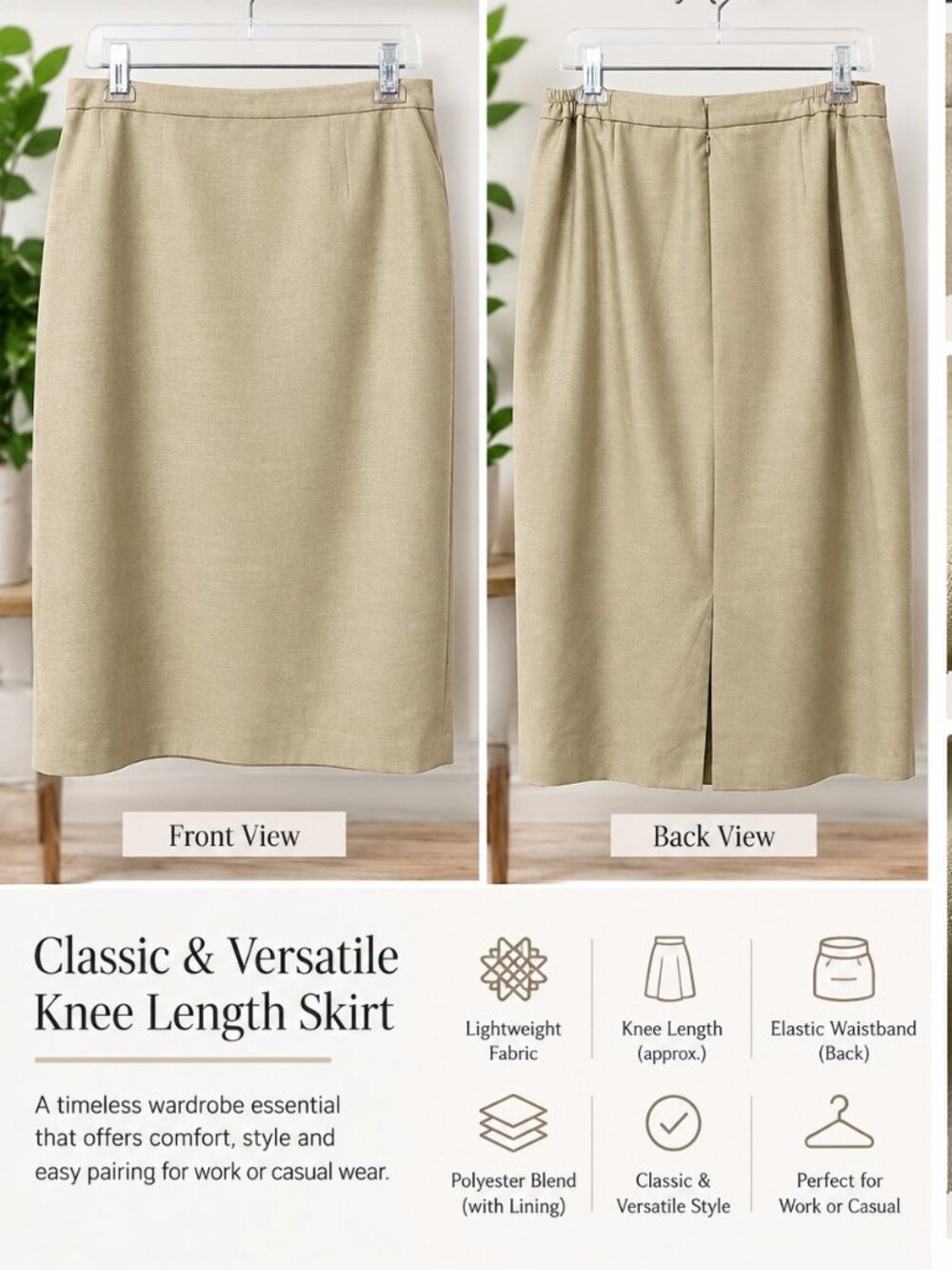 Women’s Beige Tan Knee-Length Straight Skirt – Classic Lined Workwear - Sz 14W